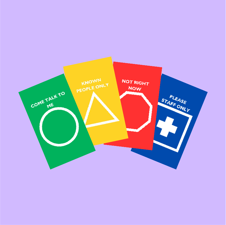 Illustration of four communication cards on a lavender background.