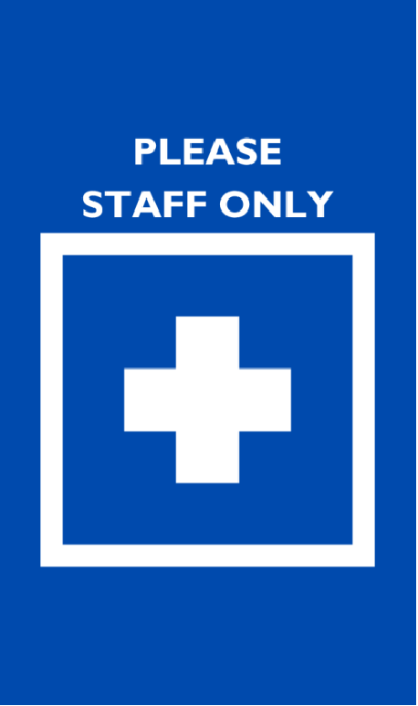 "Please Staff Only" in white text above white outlines of a square around a cross, on a dark blue background.