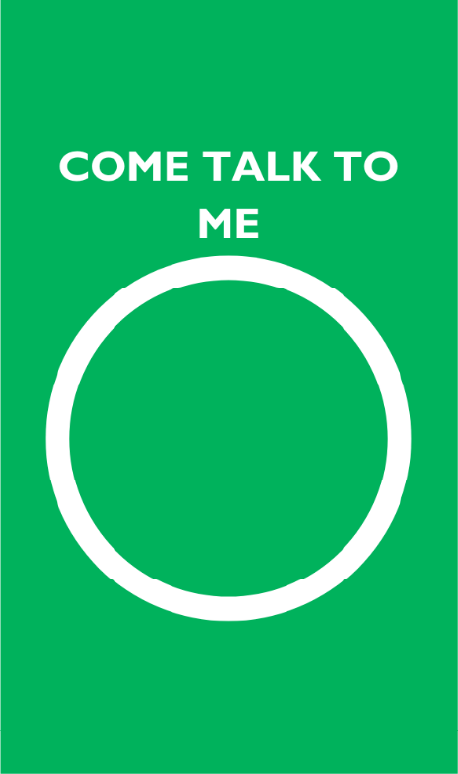 "Come Talk to Me" in white text, above a white circle, on a green background.
